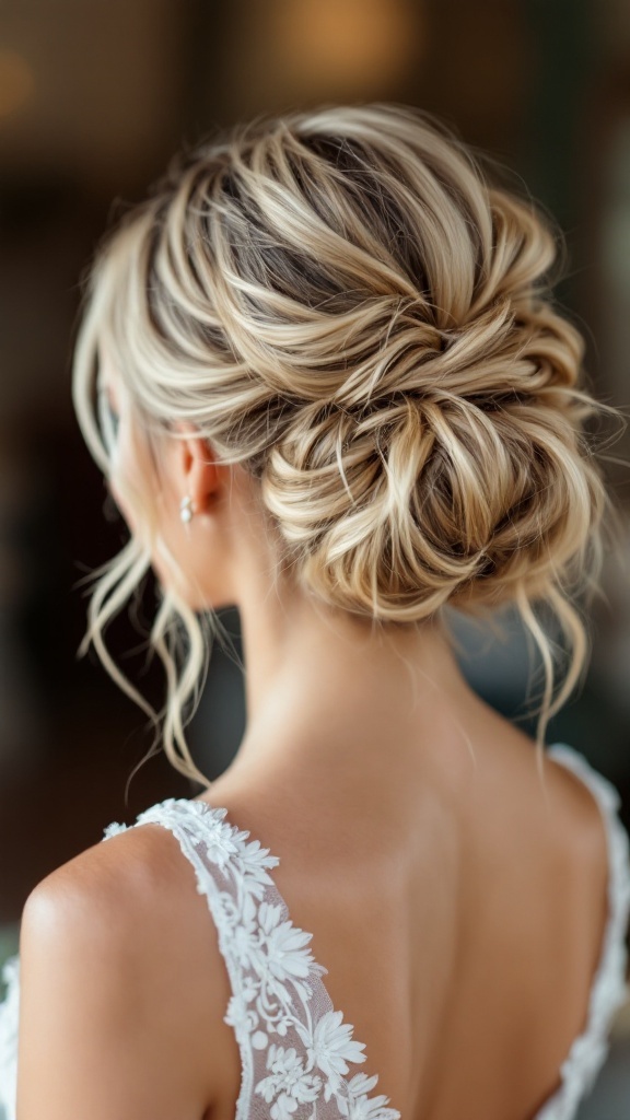 Textured bridal bun with soft tendrils