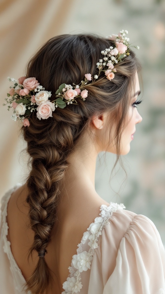 Floral cascade braid with pink floral accents
