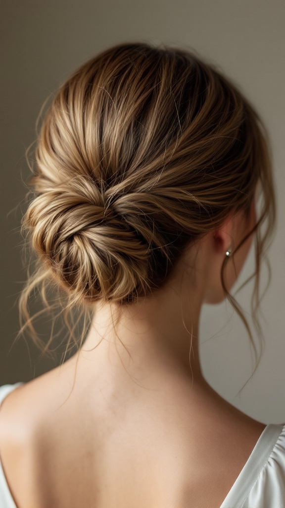 Soft twisted low bun with loose tendrils
