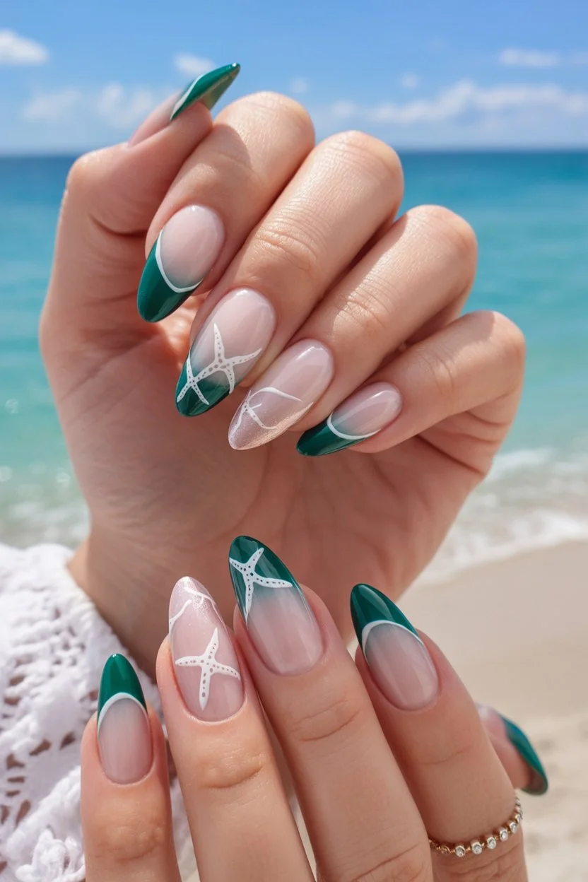 Nautical chic nails with starfish accents for a beach vibe.