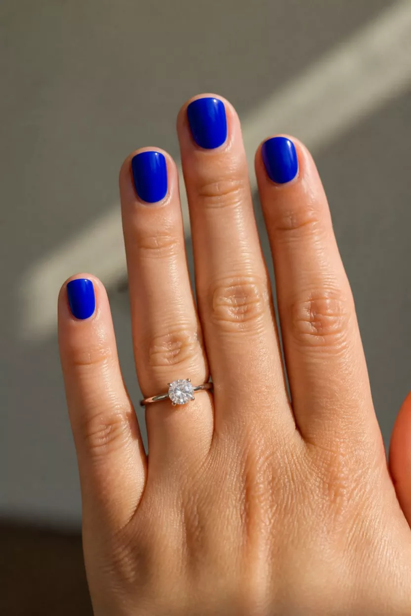 Bold cobalt blue short nails for classic look.