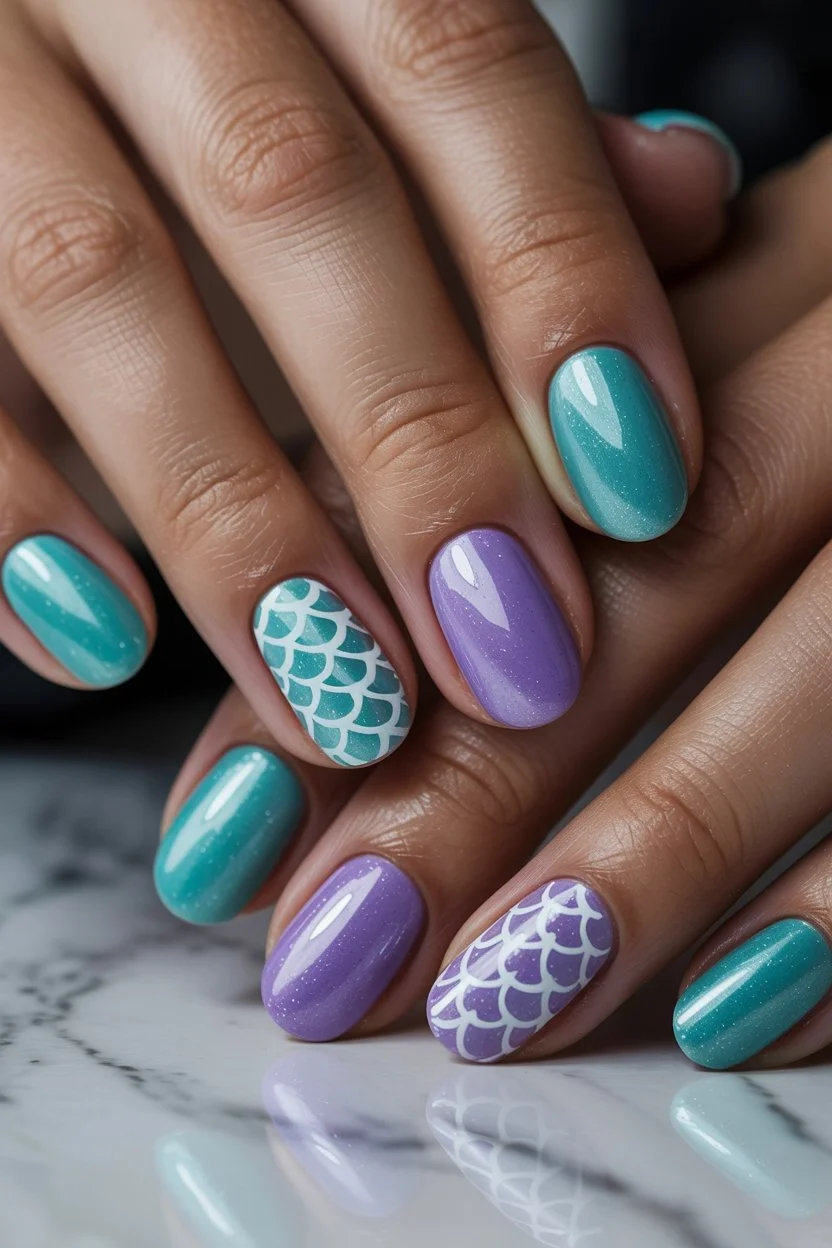 Mermaid scale nails in turquoise and lavender.