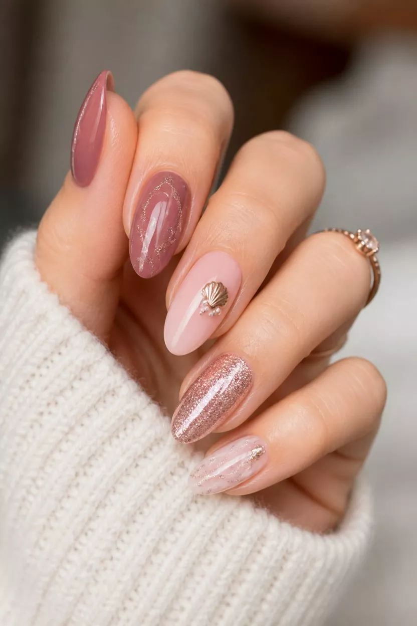Rose gold nails with seashell accent.