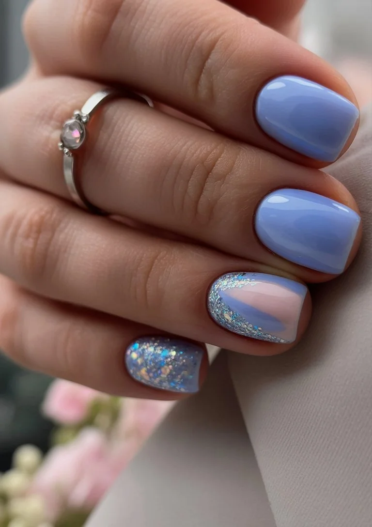 Cool blue nails with glitter accents.