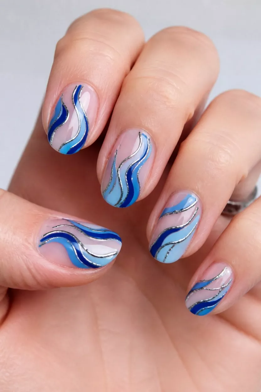 Blue wave nails with dramatic design.