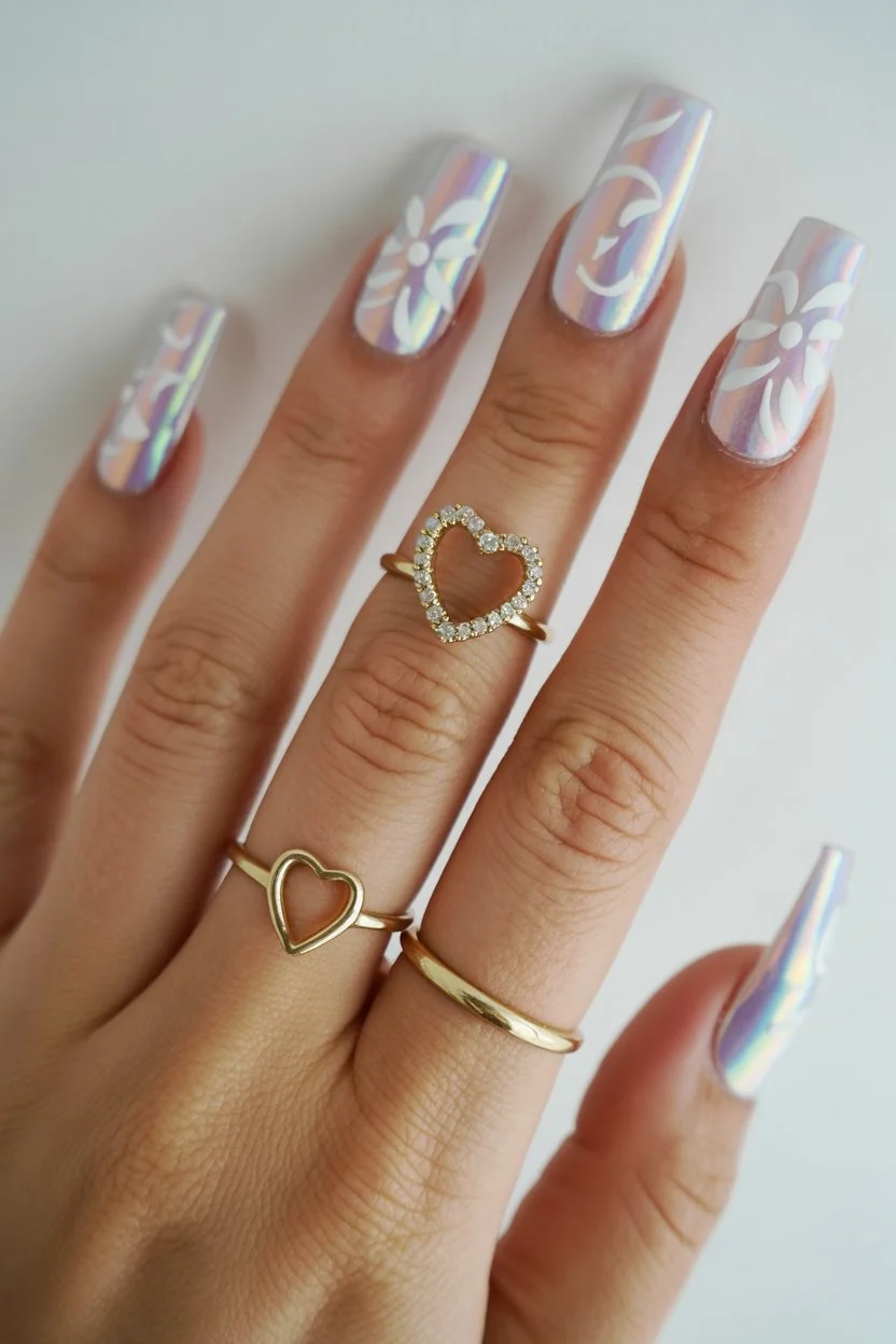 Iridescent nails with floral details.