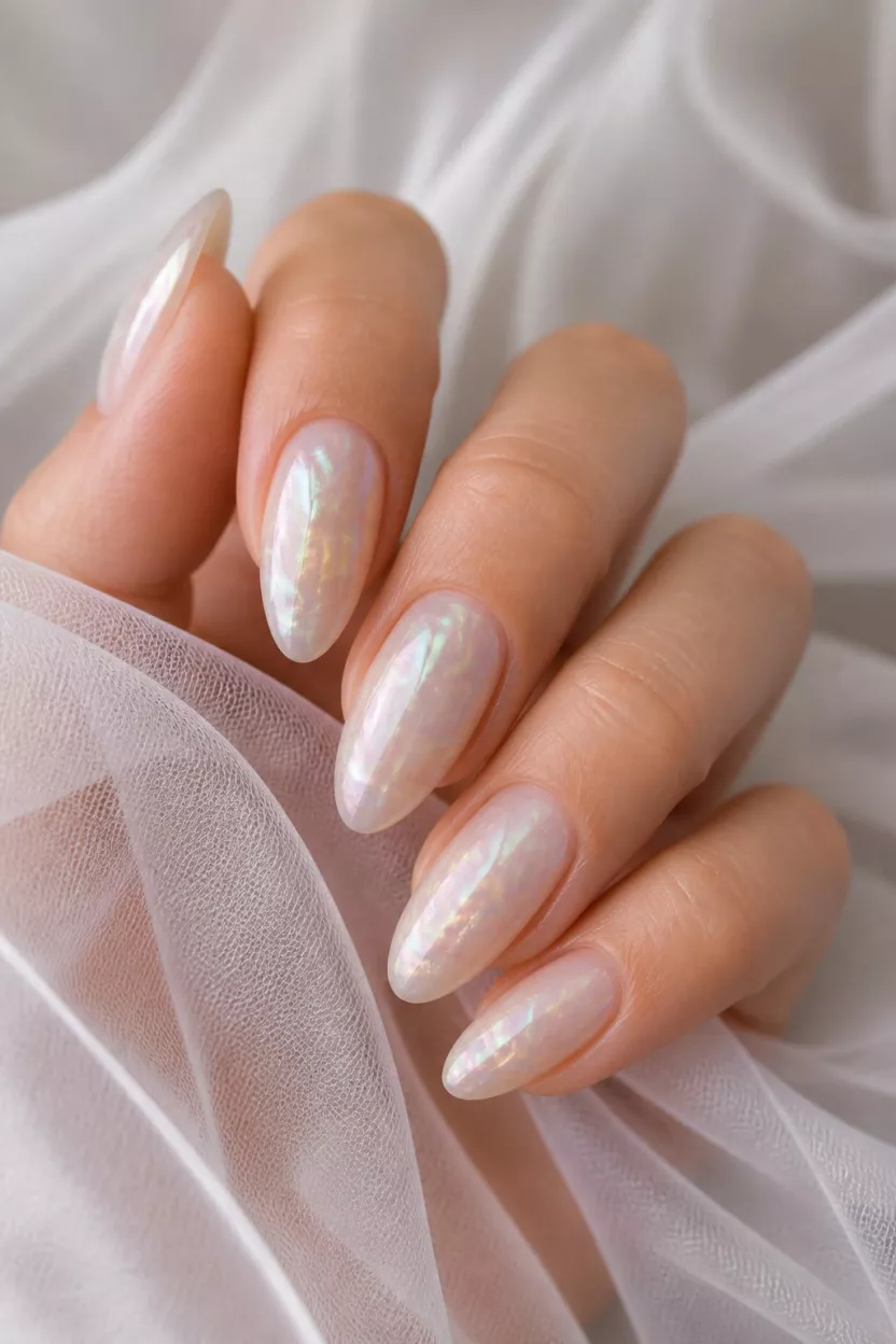 Pearly iridescent nails for a sophisticated look.