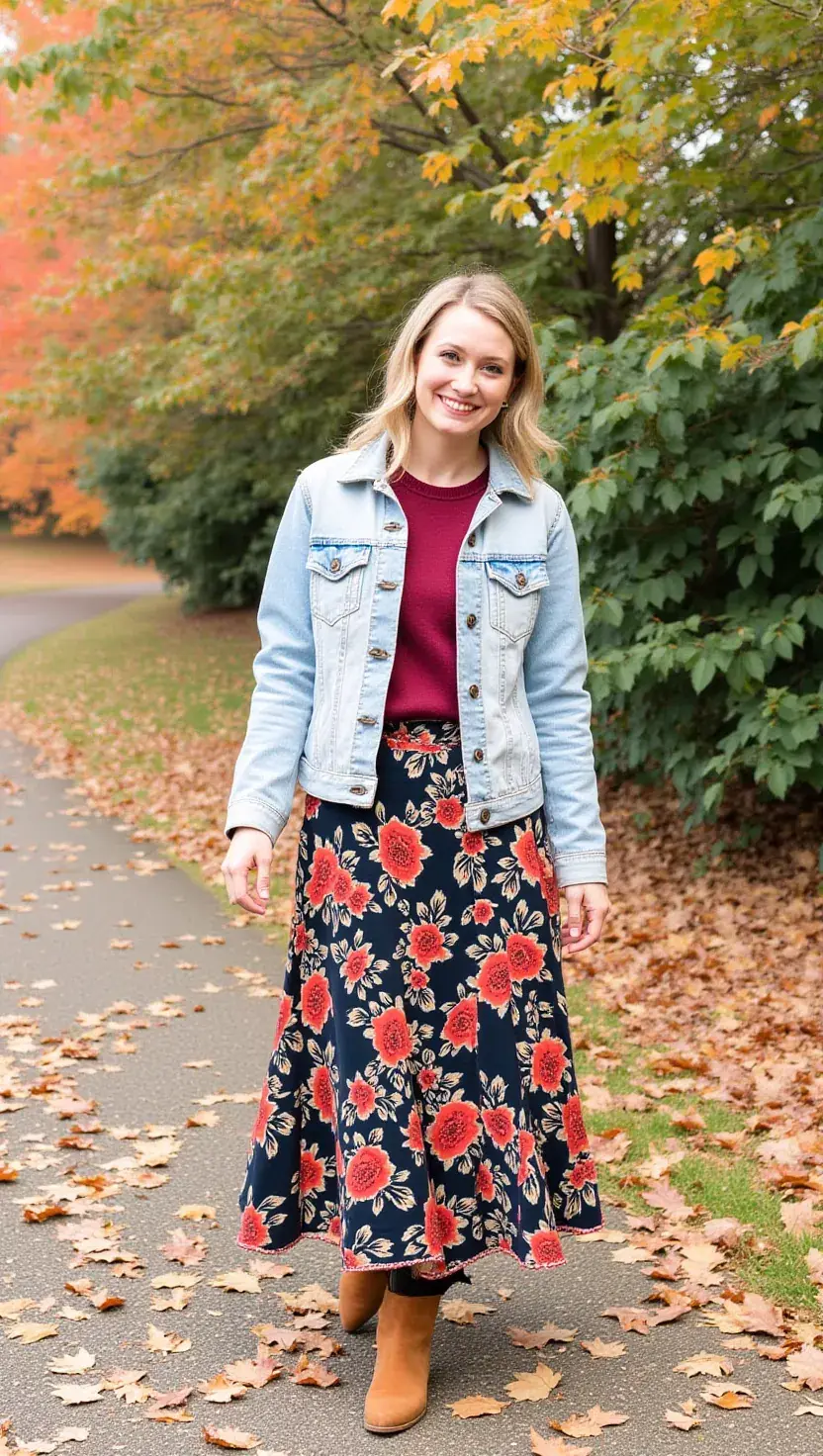 Denim jacket, floral skirt, autumn walk