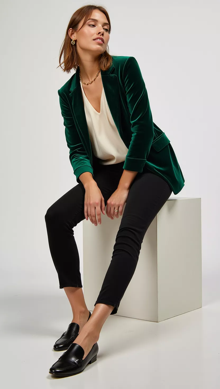 Green velvet blazer, black trousers, evening wear