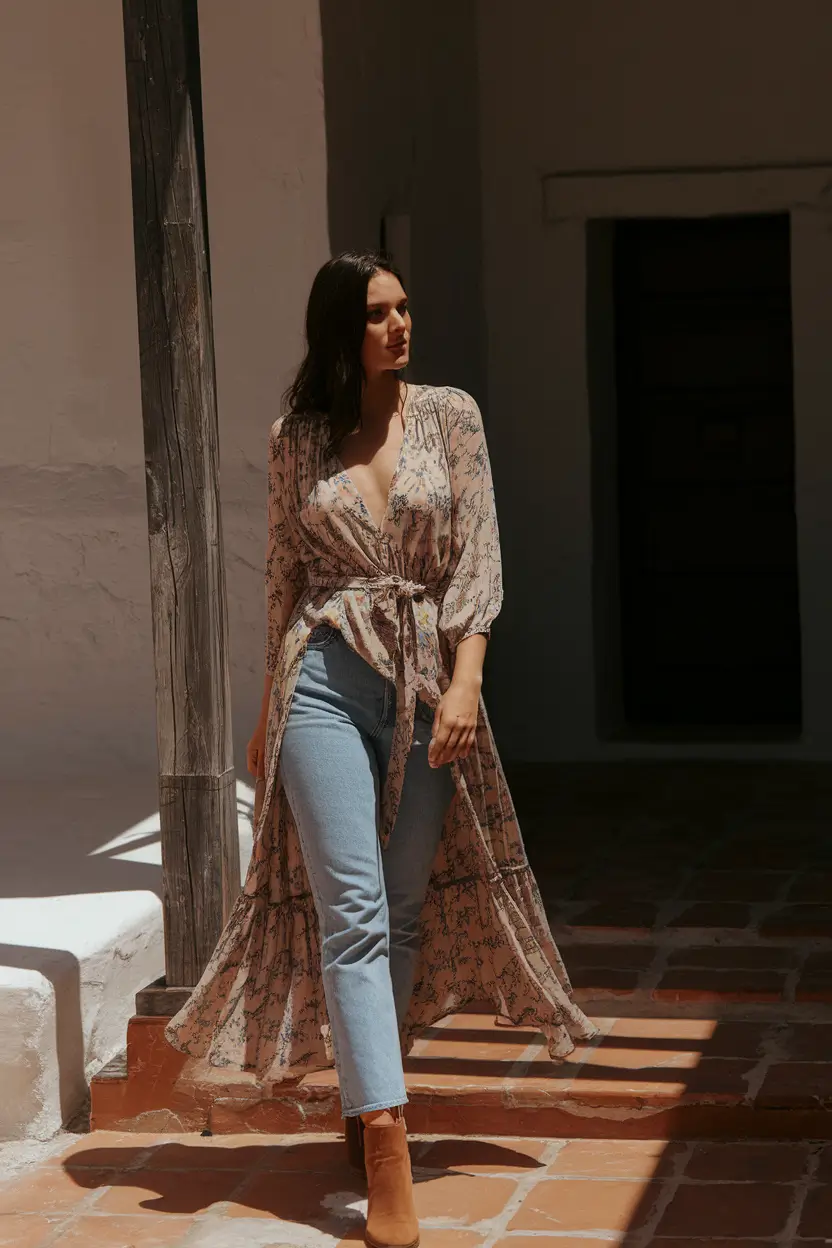 Floral maxi dress, jeans, bohemian style