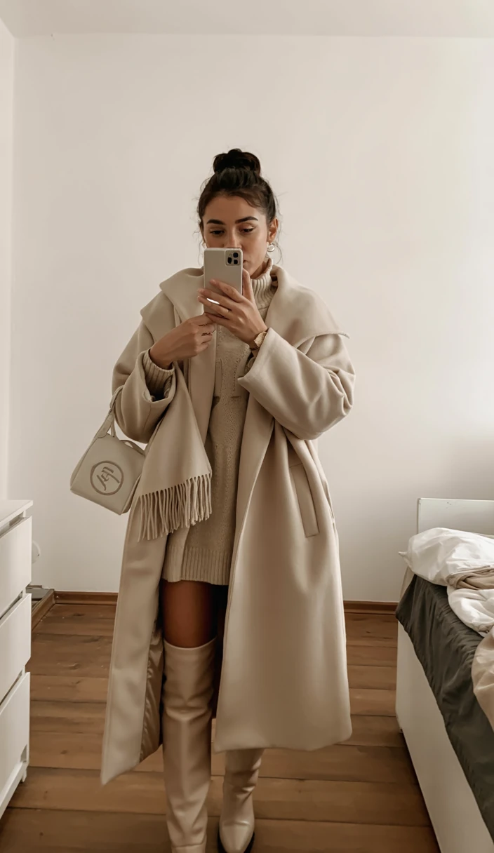 Neutral oversized coat, knit, over-the-knee boots
