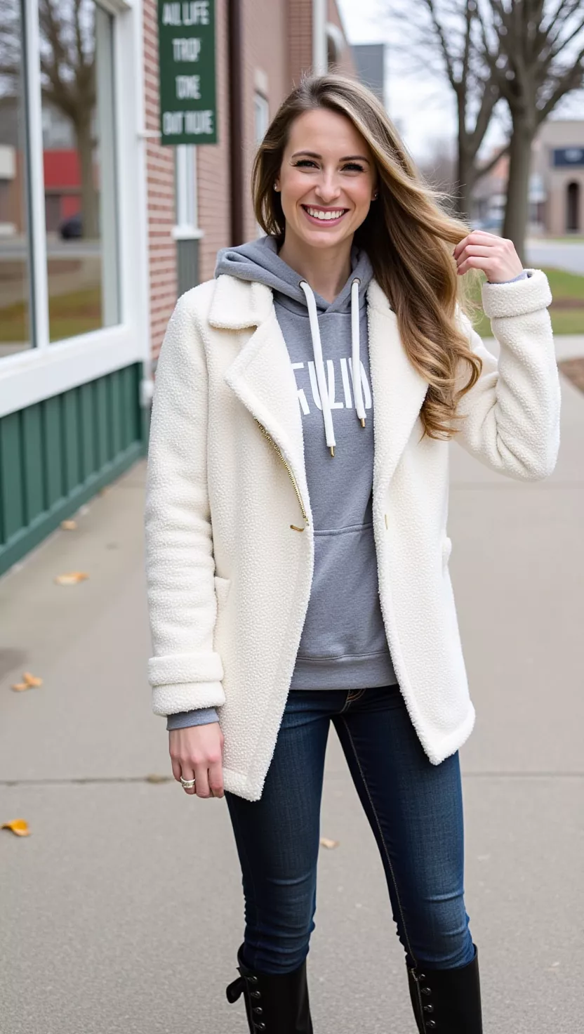 White jacket, gray hoodie, jeans, casual street style