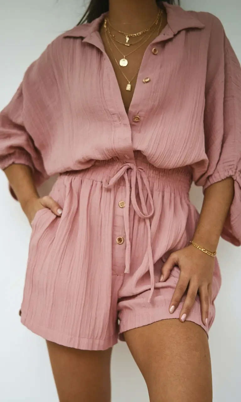 Pink textured set, casual chic