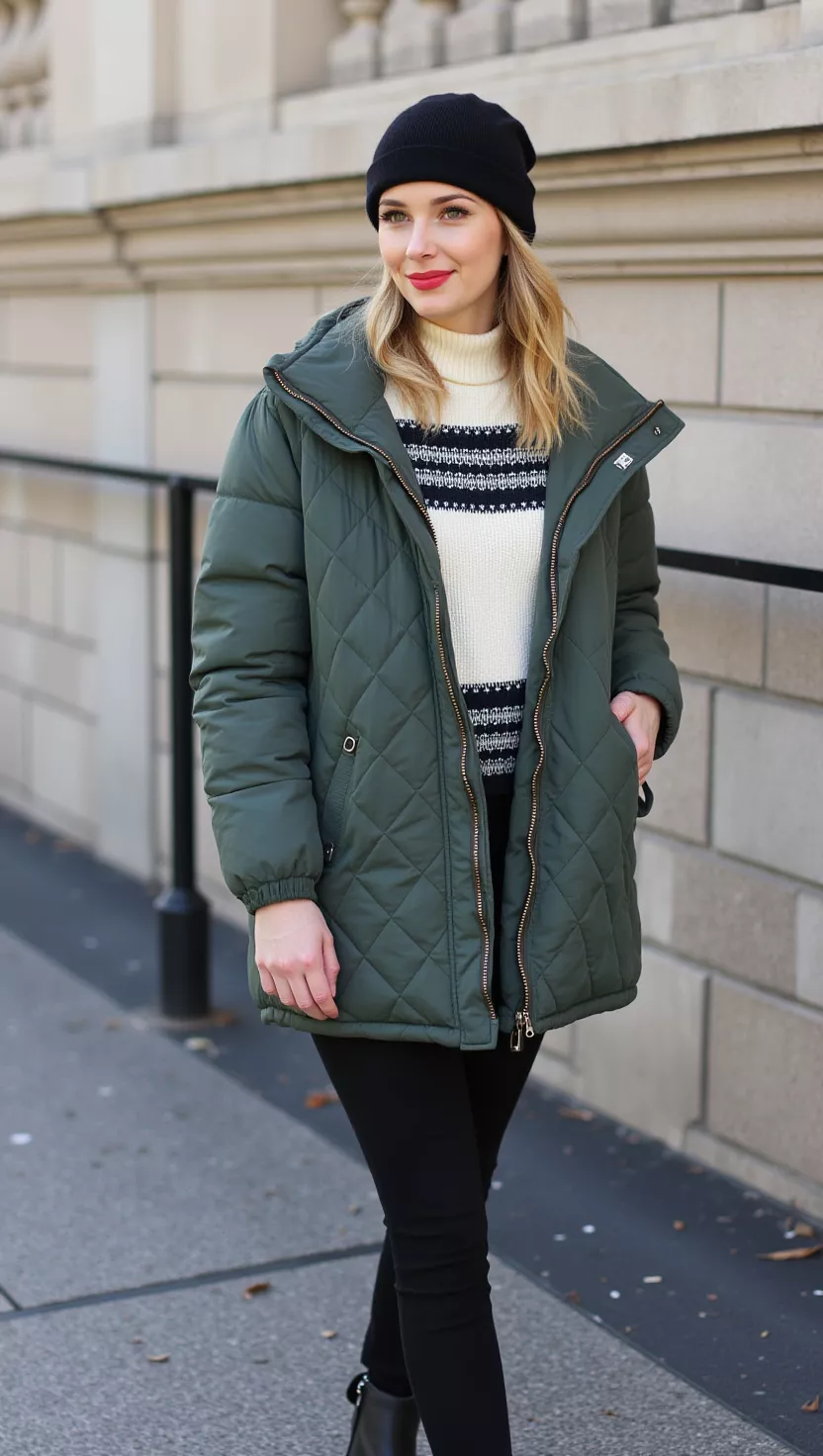 Green quilted coat, street style warmth