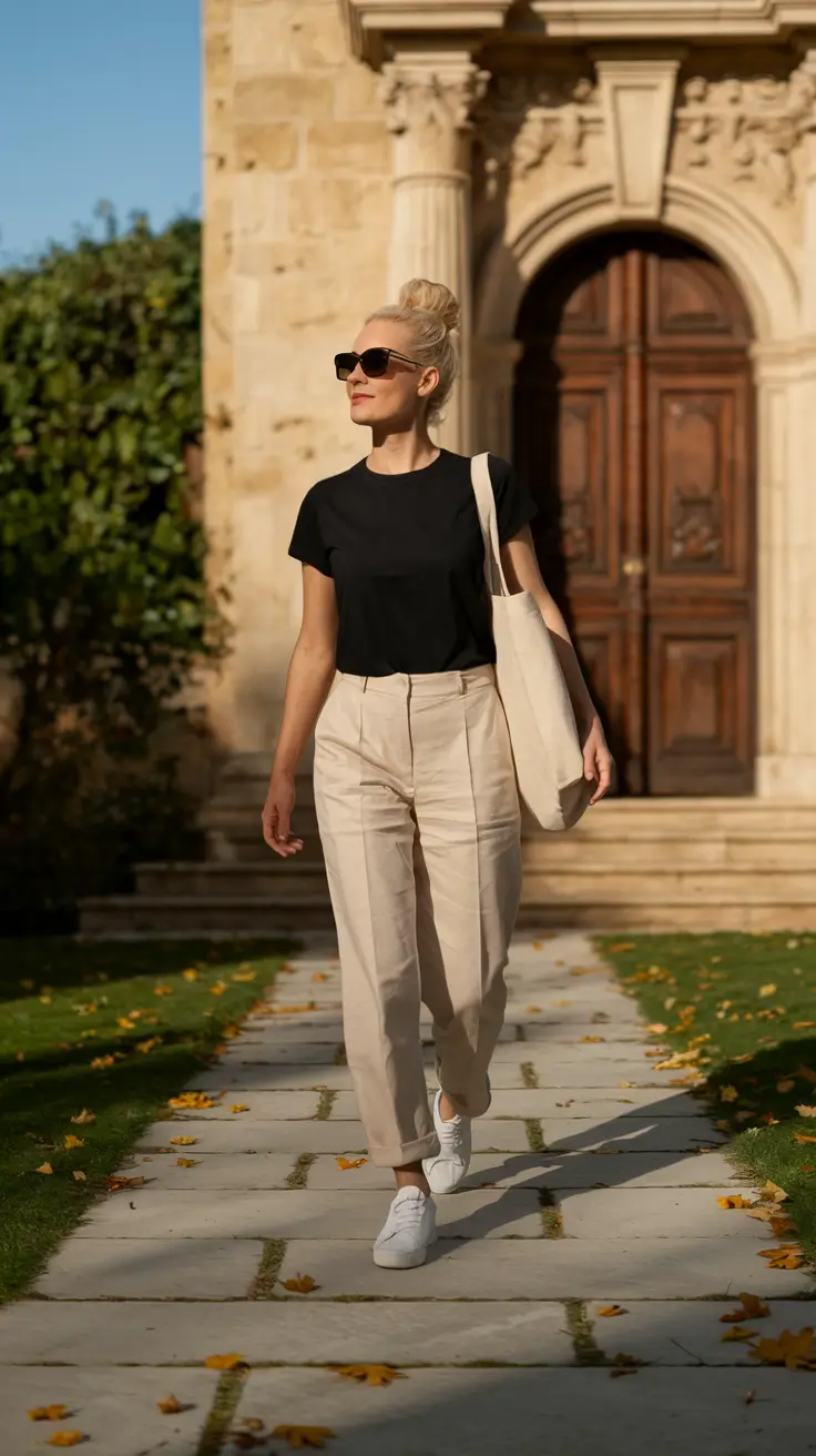Beige trousers and black tee, casual chic