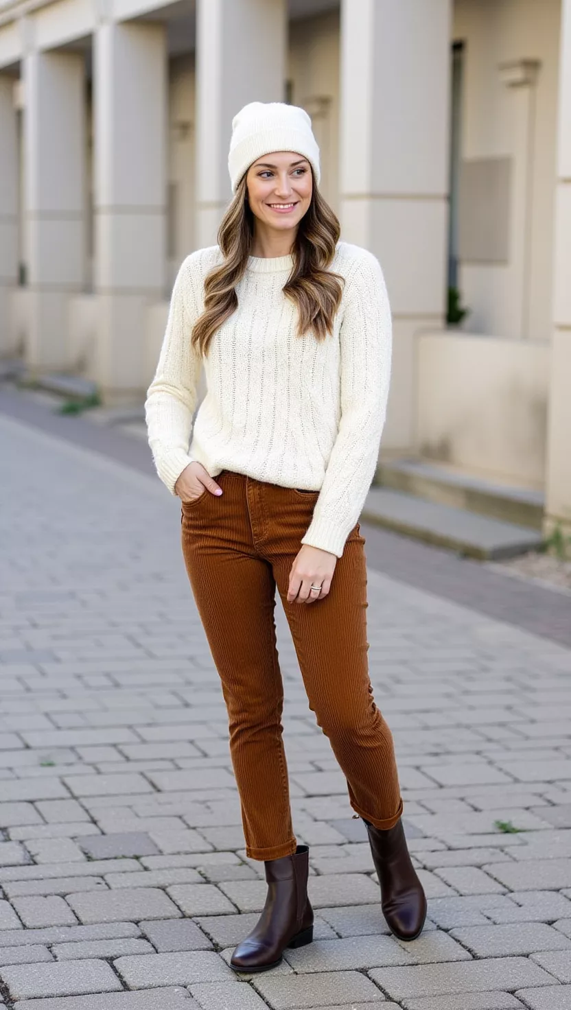 Cable knit sweater and corduroy pants, autumn classic