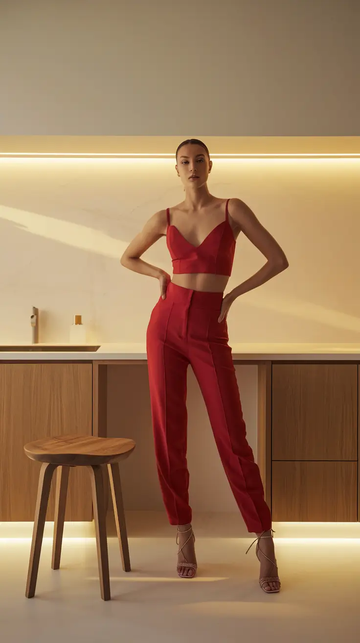 Red co-ord set, evening sophistication