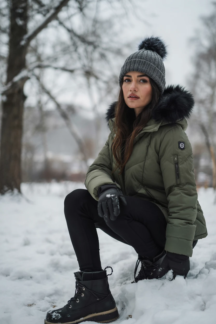 Olive puffer and leggings, winter look