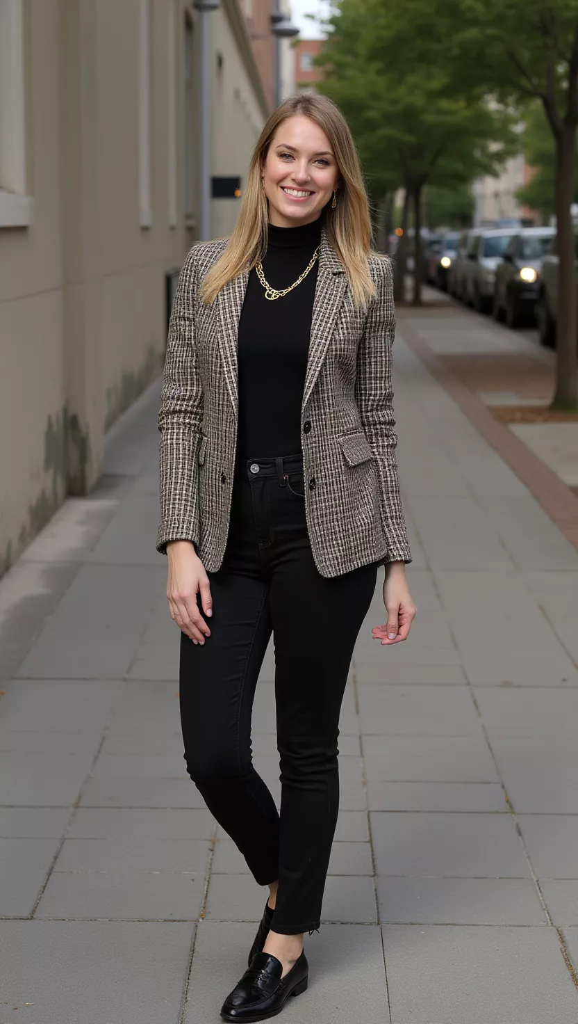 Plaid blazer and turtleneck, workwear chic