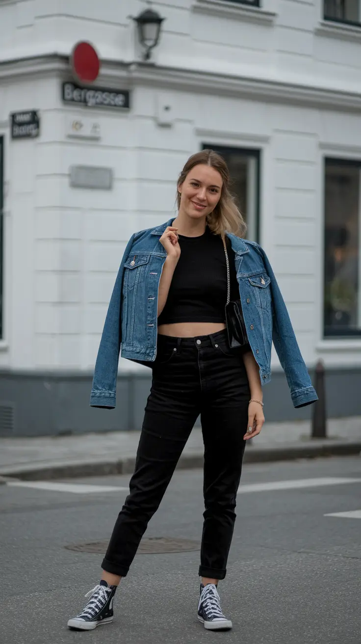 Denim jacket and black jeans, street style