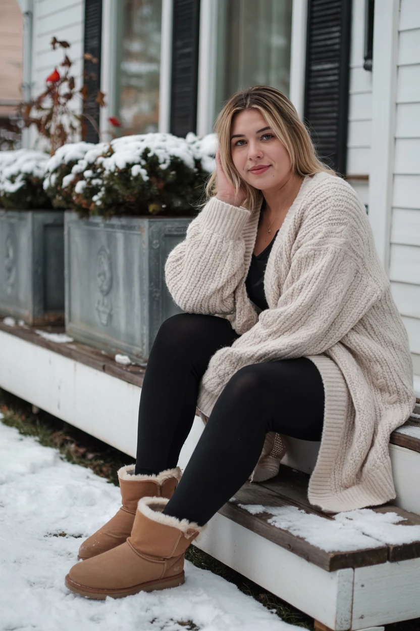 Chunky knit cardigan and leggings, cozy style