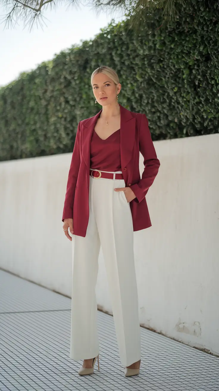 Burgundy blazer and cream trousers, office wear