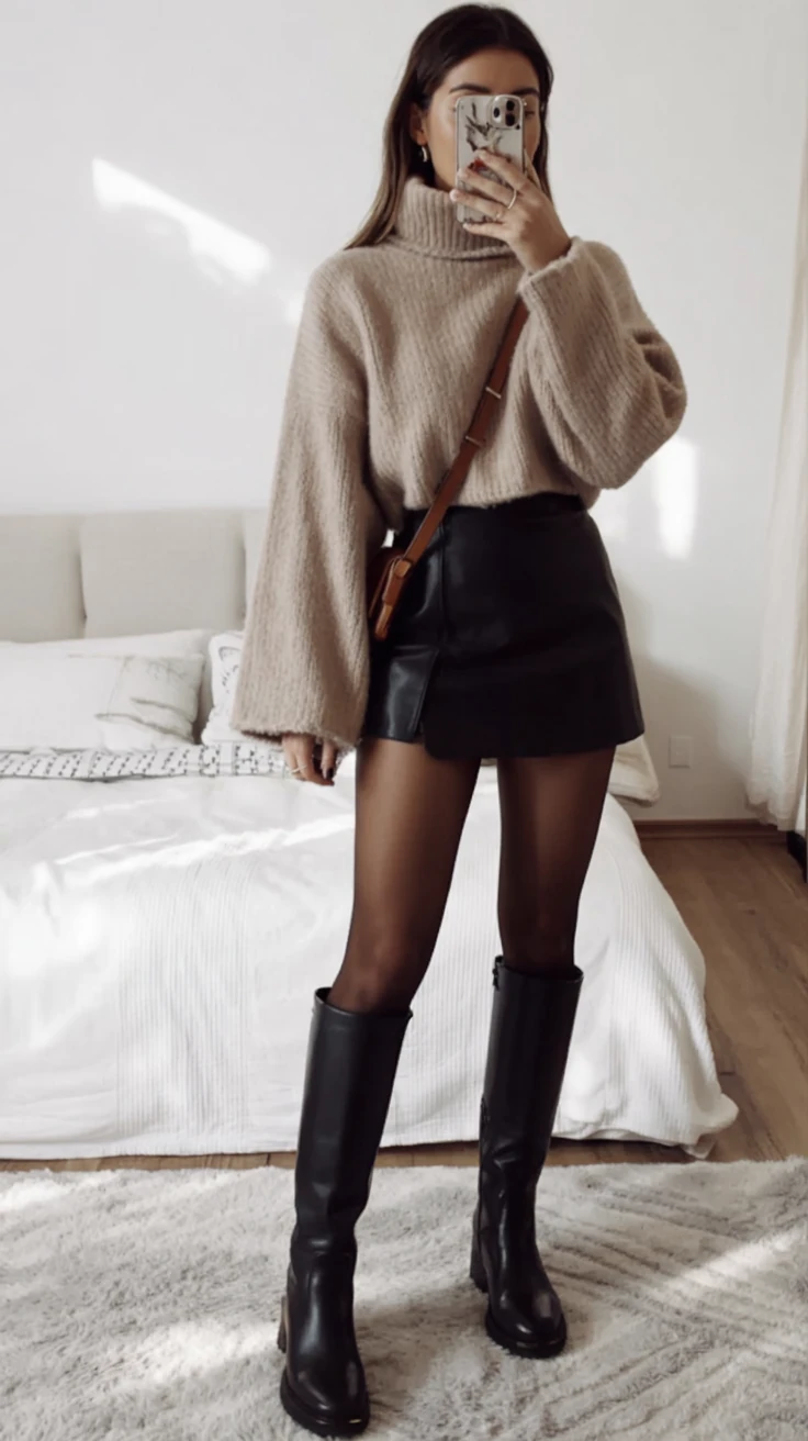 Knit sweater and leather skirt, trendy outfit