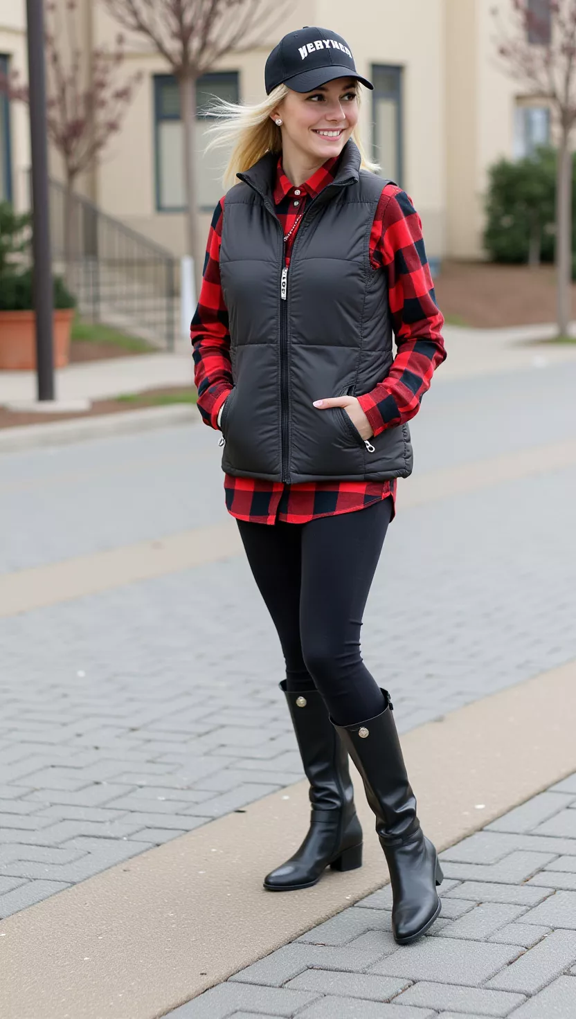 Puffer vest and plaid shirt, sporty casual