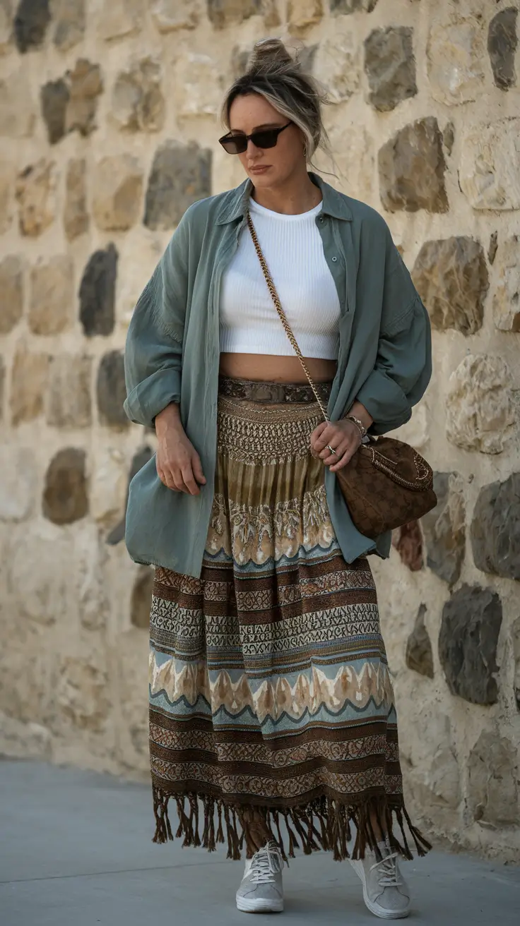 Boho maxi skirt and shirt, layered style