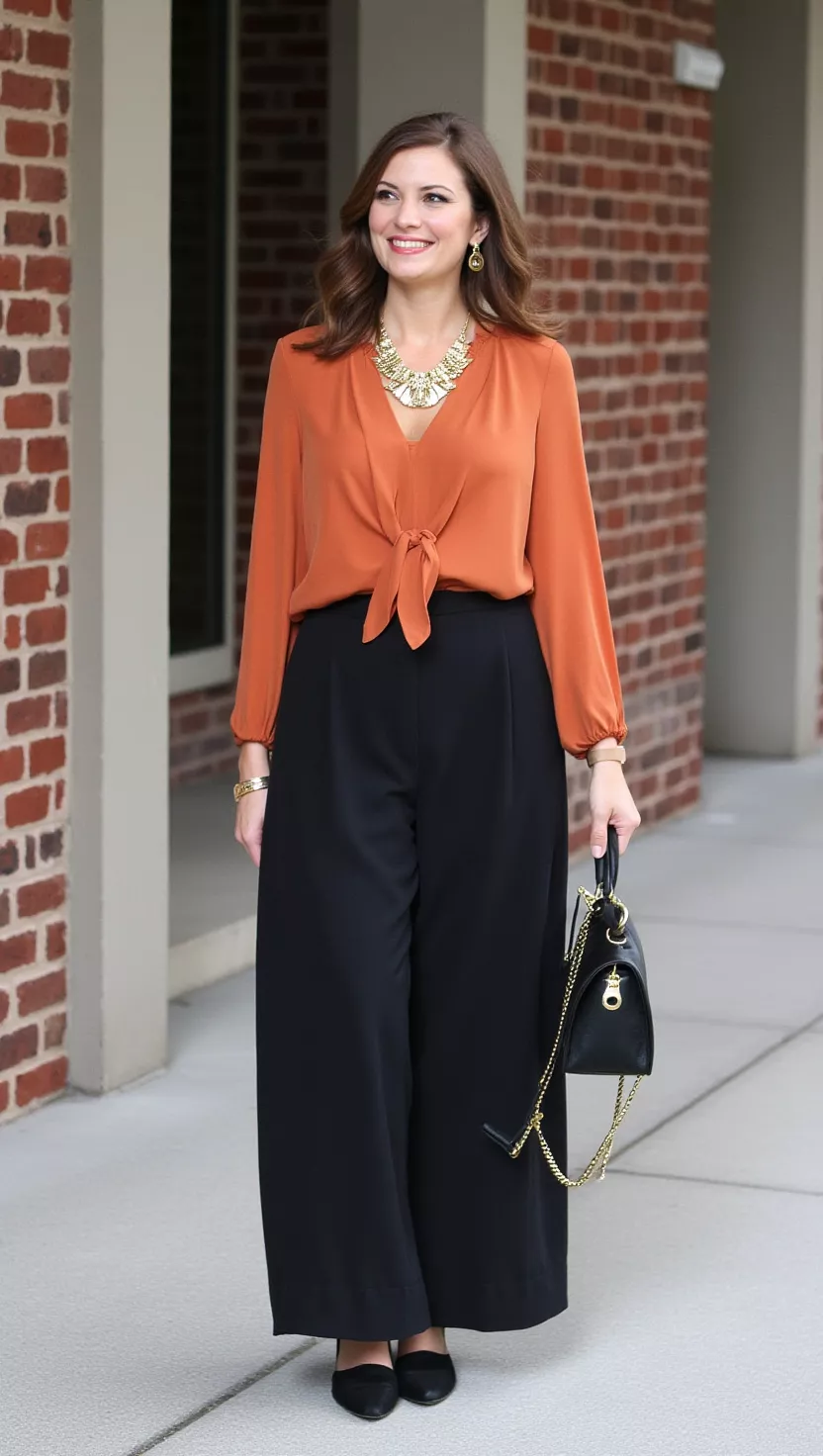 Tie-front blouse and wide-leg trousers, chic office wear