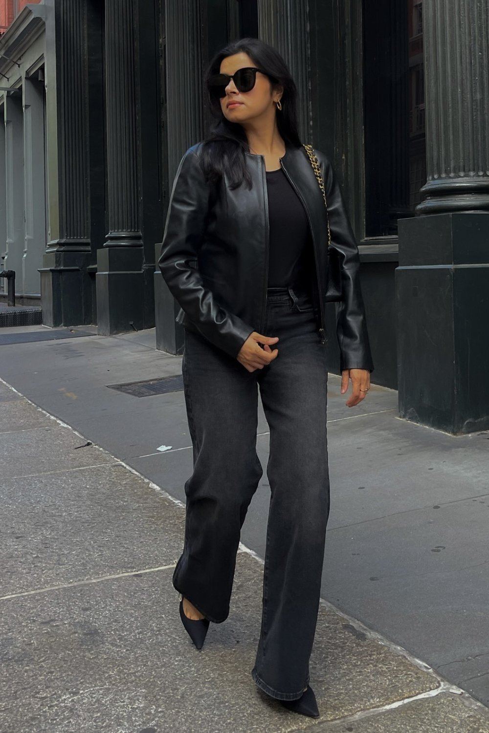 All-black elegance with leather jacket