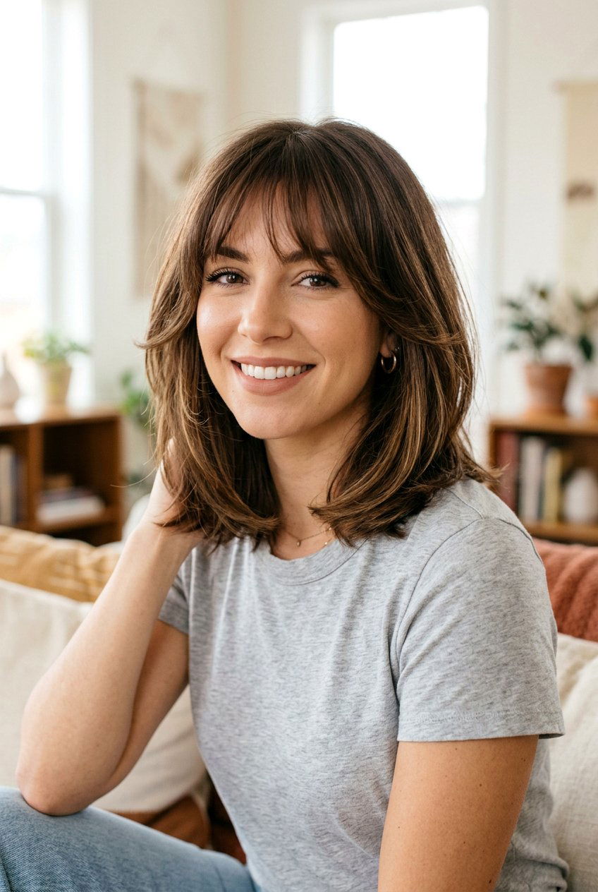 Casual lob with curtain bangs and layers
