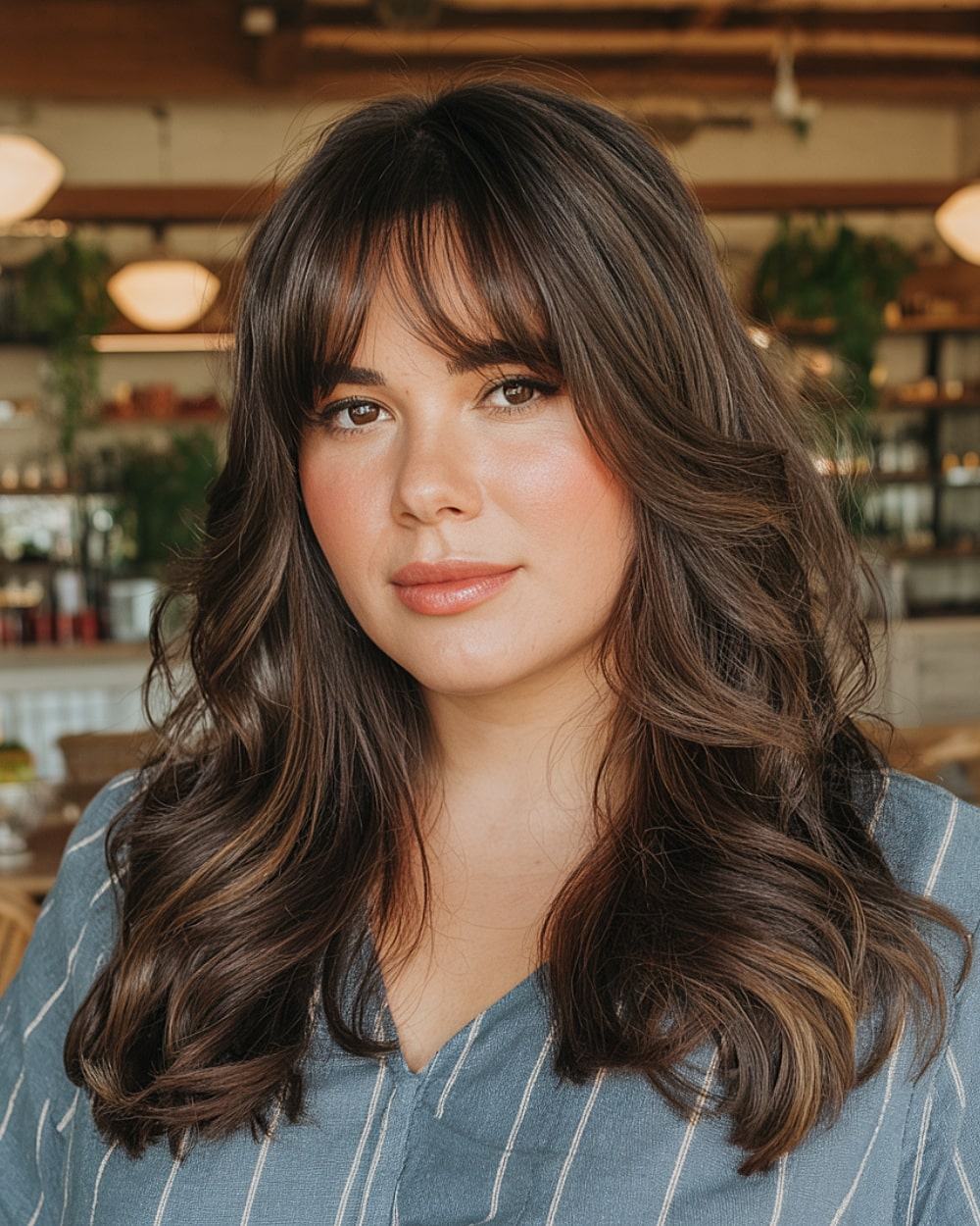 Voluminous curls with curtain bangs