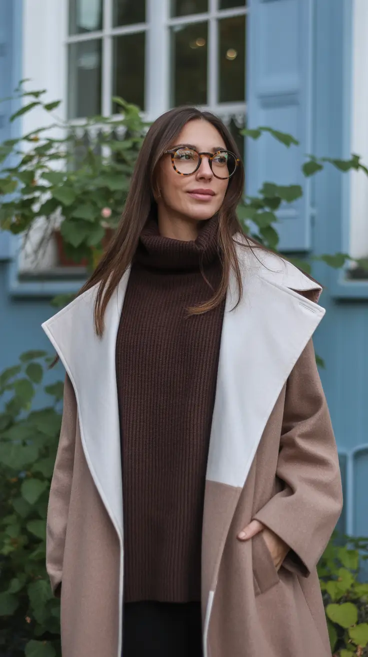 Layered coat with turtleneck, modern elegance