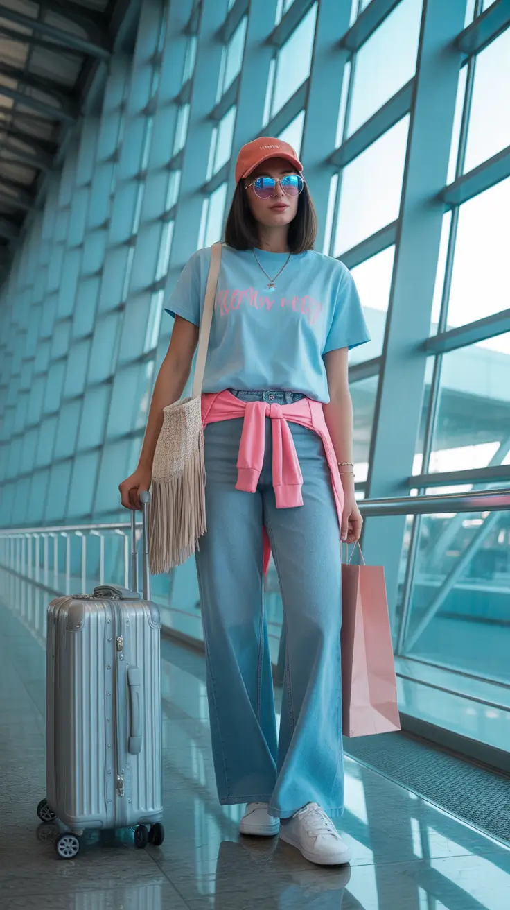Casual travel outfit with denim and t-shirt
