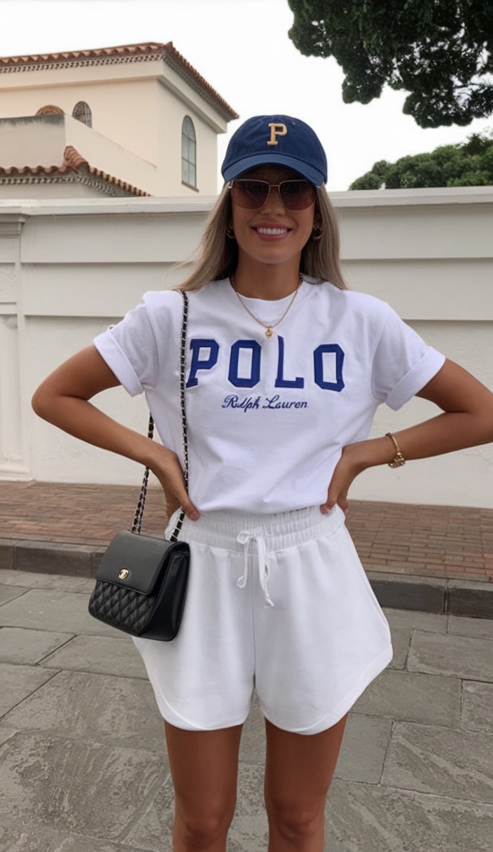 Sporty outfit with branded tee and shorts