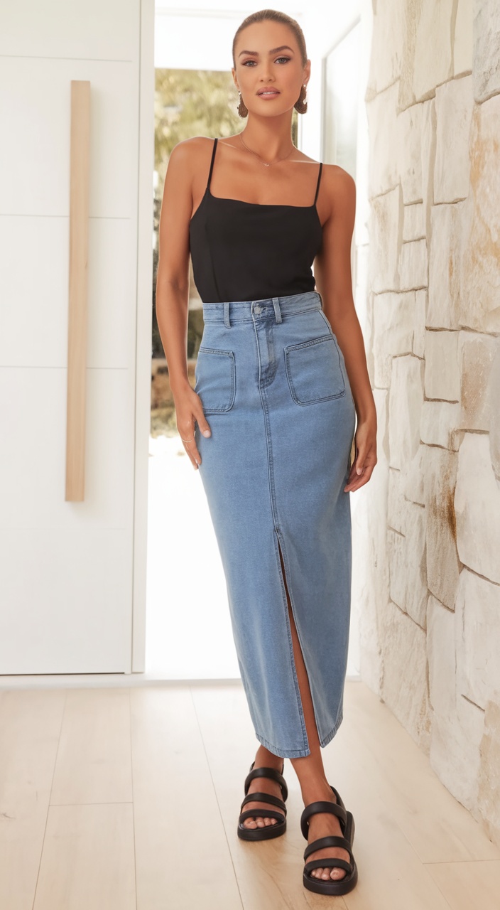 Denim skirt with black top, structured elegance