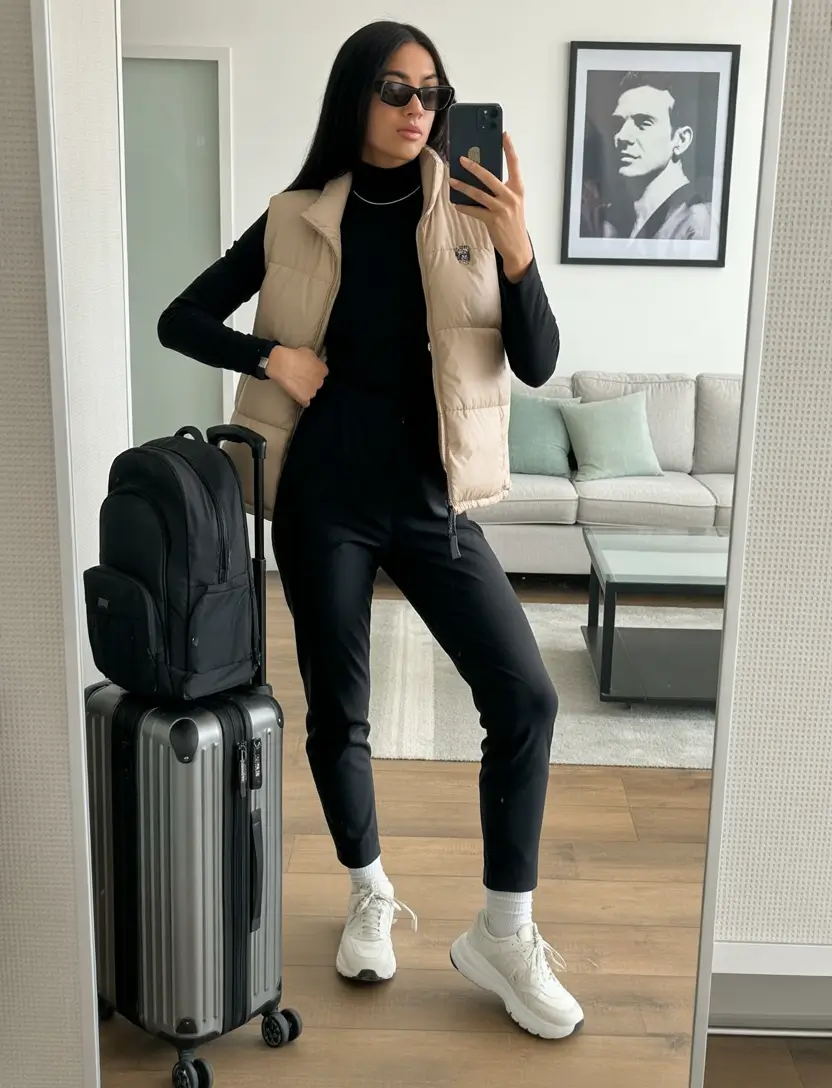 Casual travel outfit with vest, suitcase