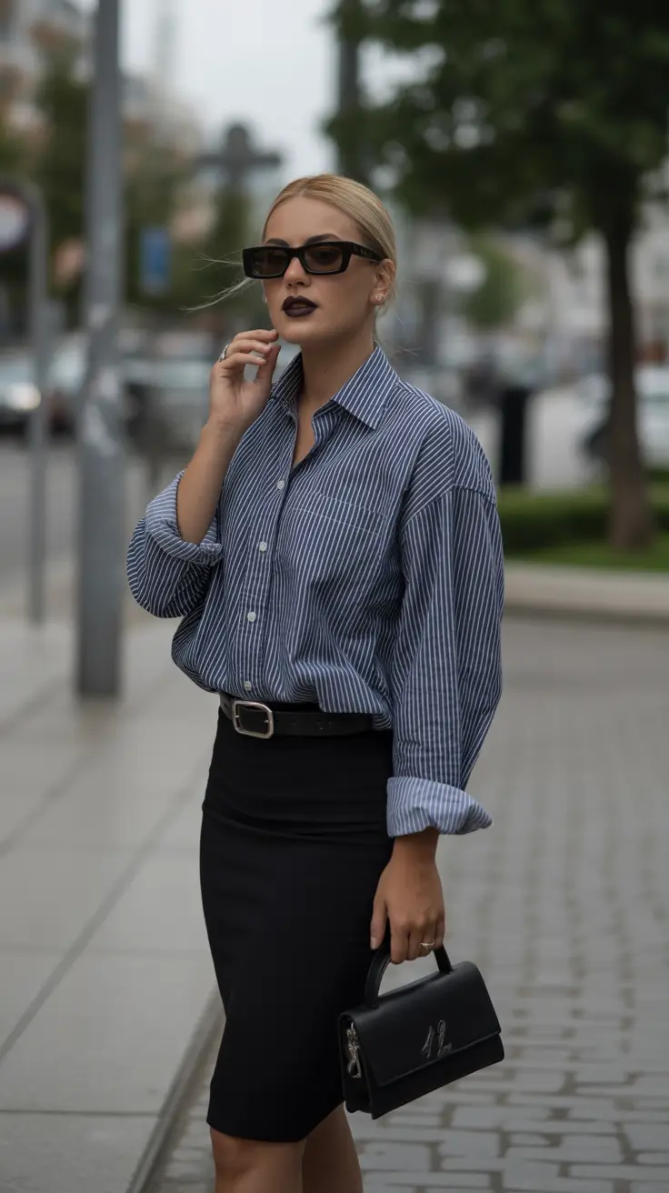 Striped shirt with pencil skirt, office chic