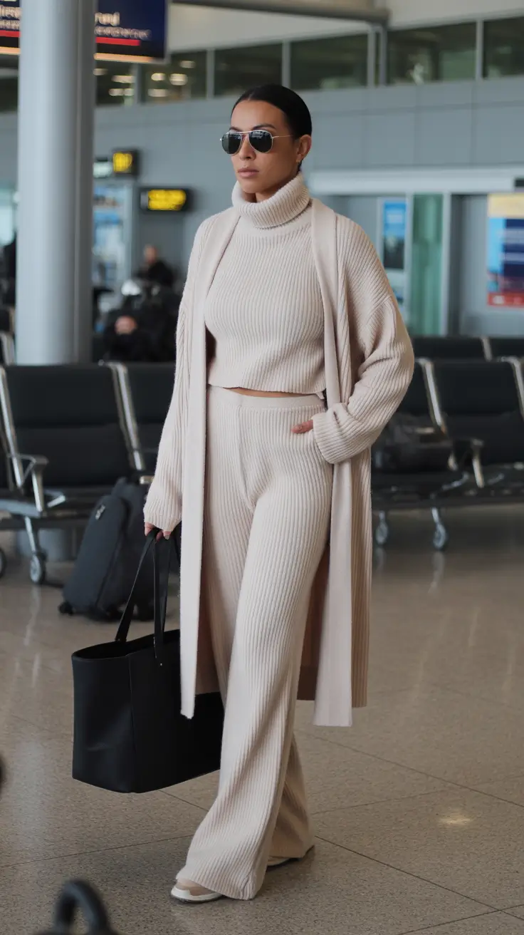 Beige knit set, airport chic