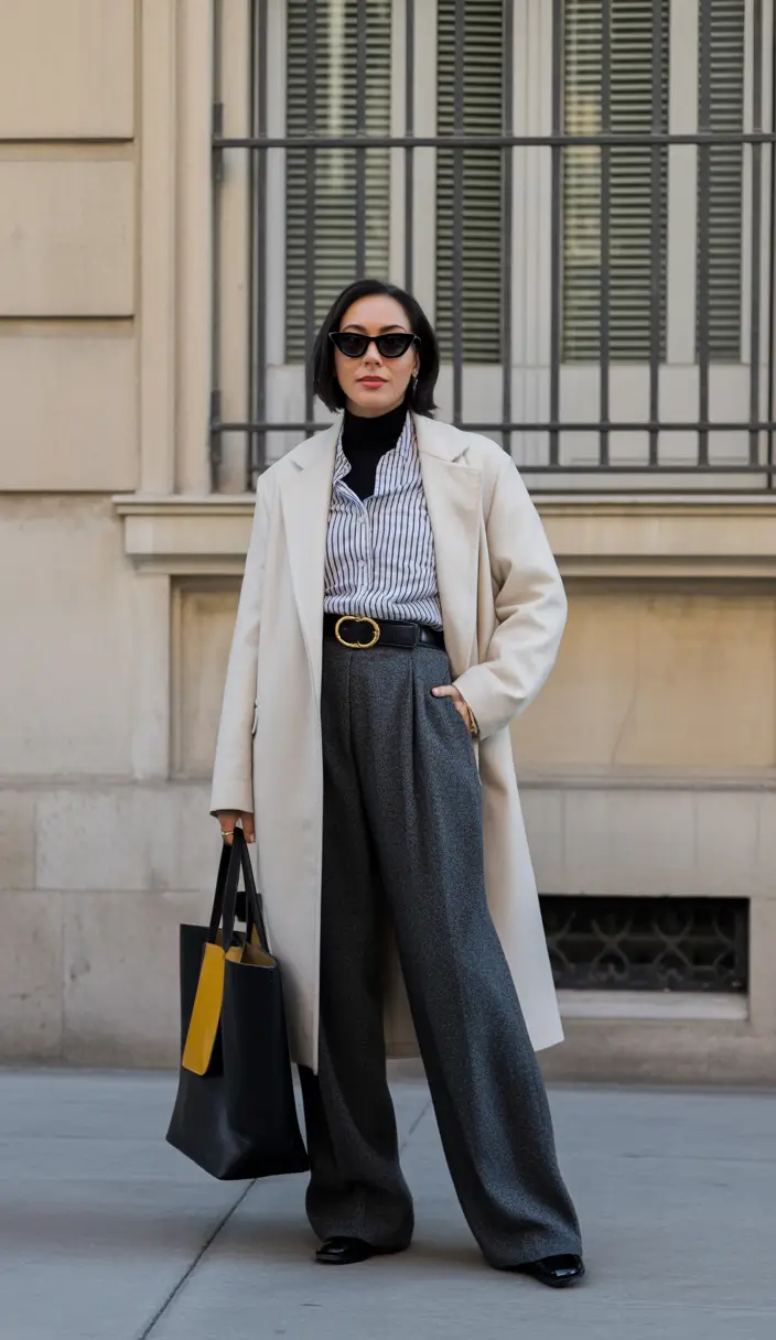 Cream coat with striped shirt, urban sophistication