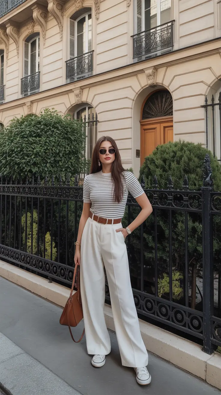 Striped tee with wide trousers, minimalist elegance