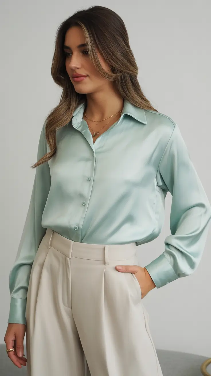 Mint satin blouse with cream trousers, polished elegance