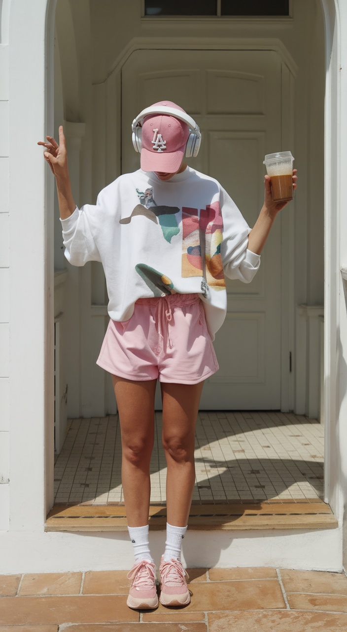 Pink shorts with graphic sweatshirt, relaxed fun