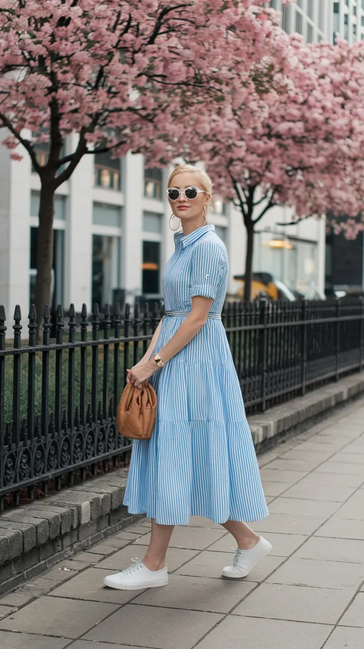Striped blue and white dress with sneakers