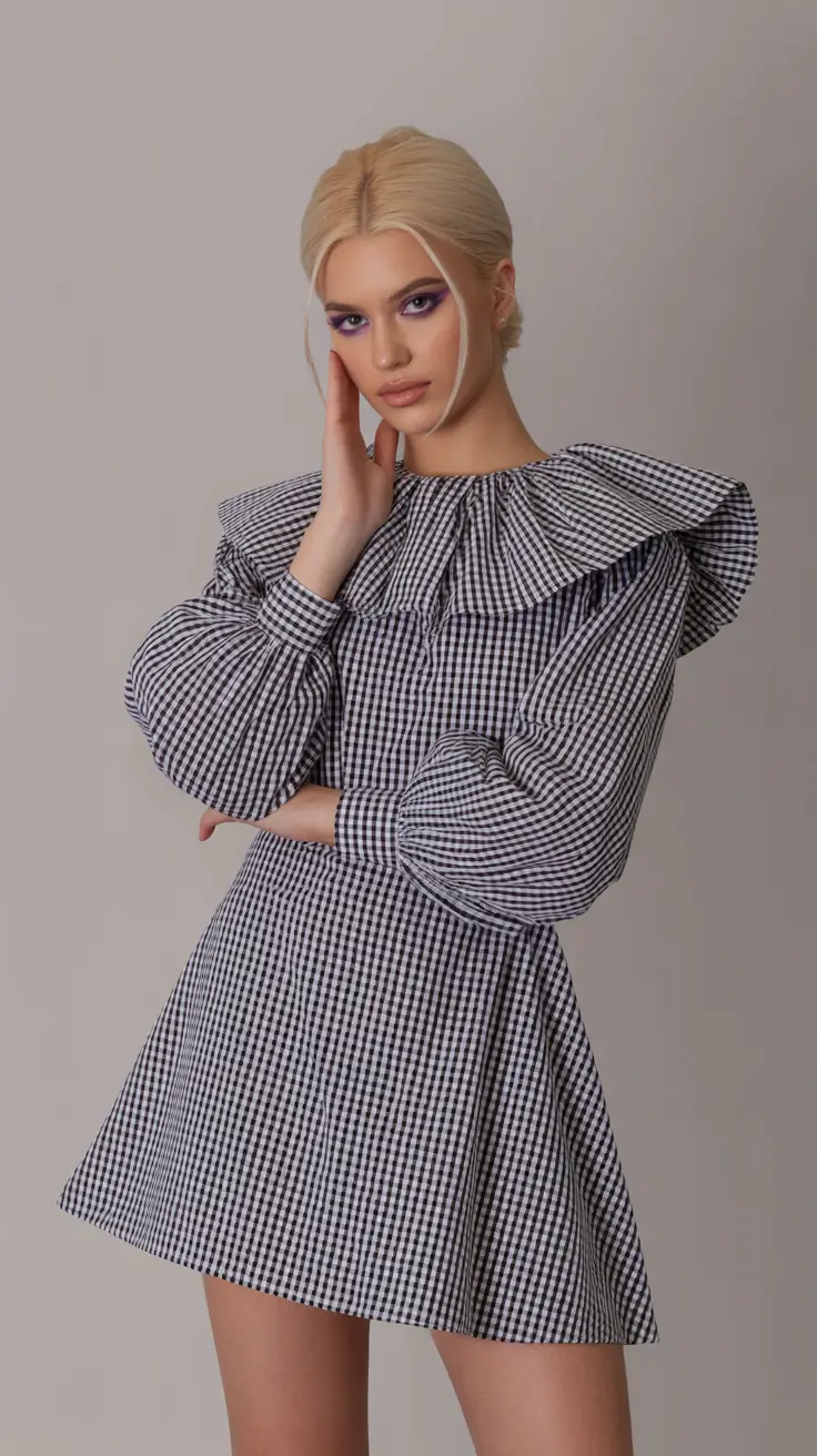 Gingham dress with statement sleeves