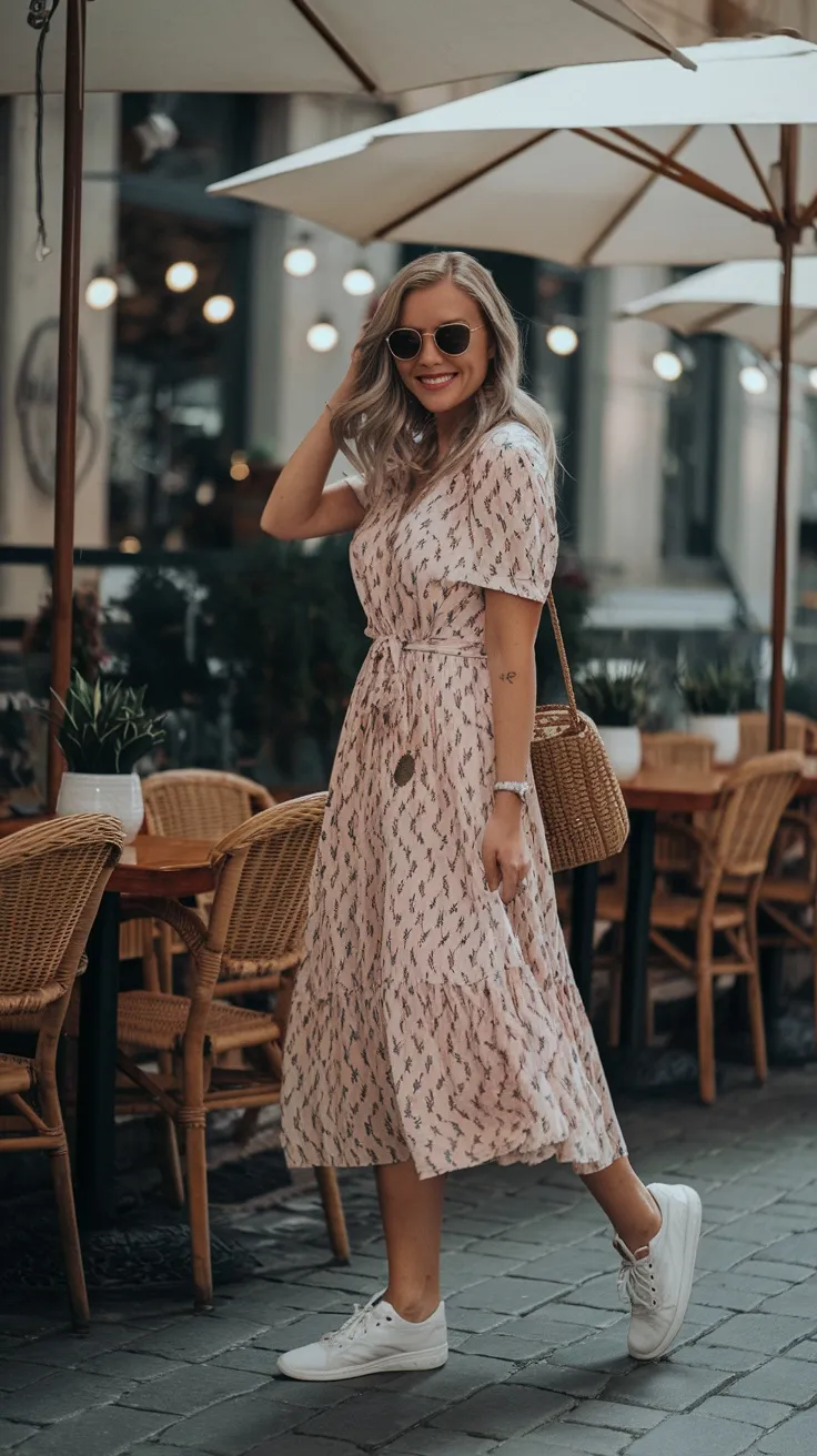 Floral midi dress with white sneakers