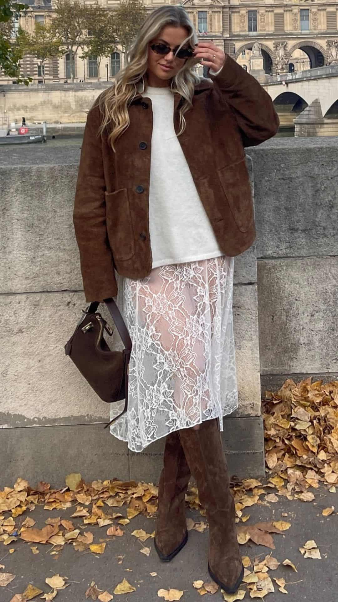 Lace skirt with suede jacket