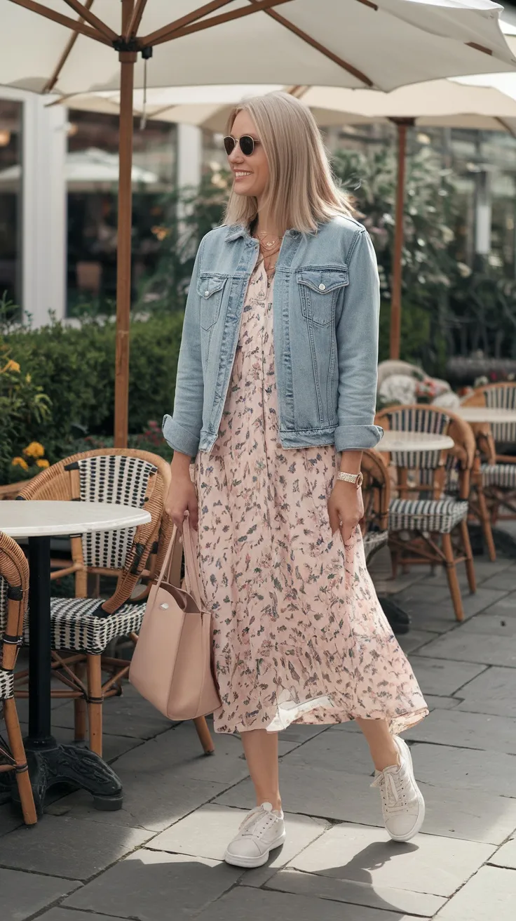 Denim jacket and floral dress combo