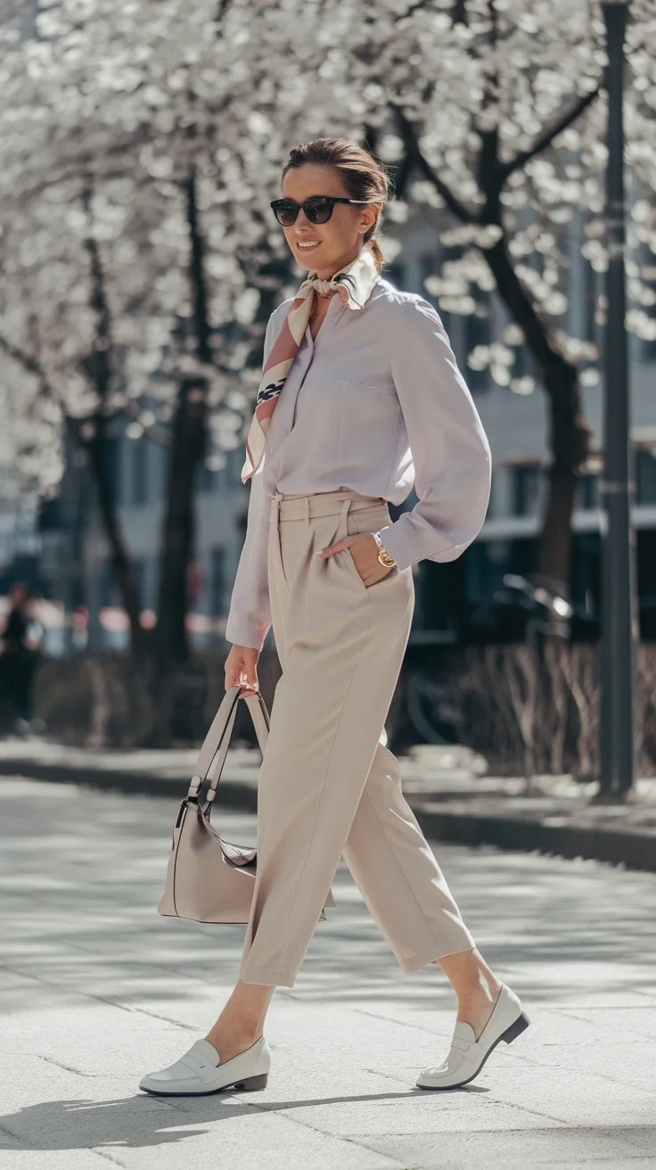 Pastel blouse with tailored trousers